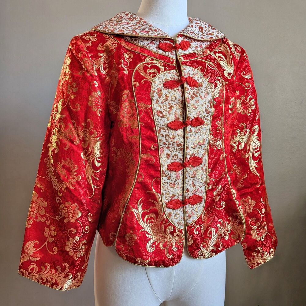 Huamei Red Brocade Jacket Traditional Chinese Gold Frog Closure Size 15 - Picture 3 of 15